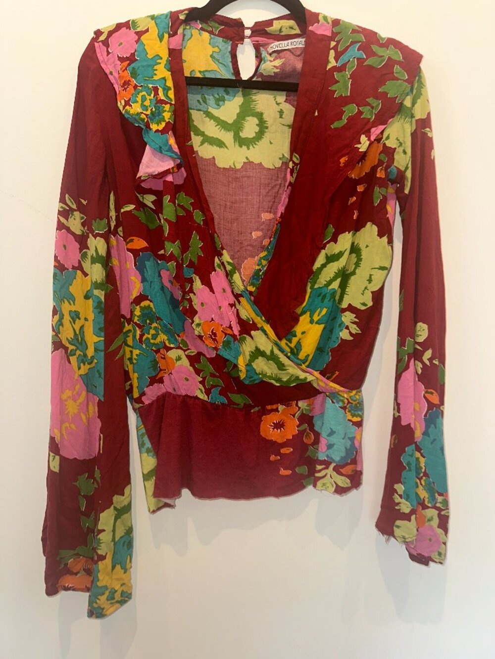 Novella Royale Women's Red Floral Wrap Style Ruffle Blouse